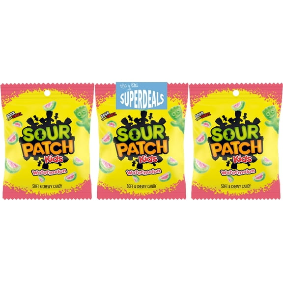 Sour Patch Kids Peg Bags (Pack of 3) Soft and Chewy Candy bundled by SUPERDEALS with Mystery Gift (8 oz, Watermelon)