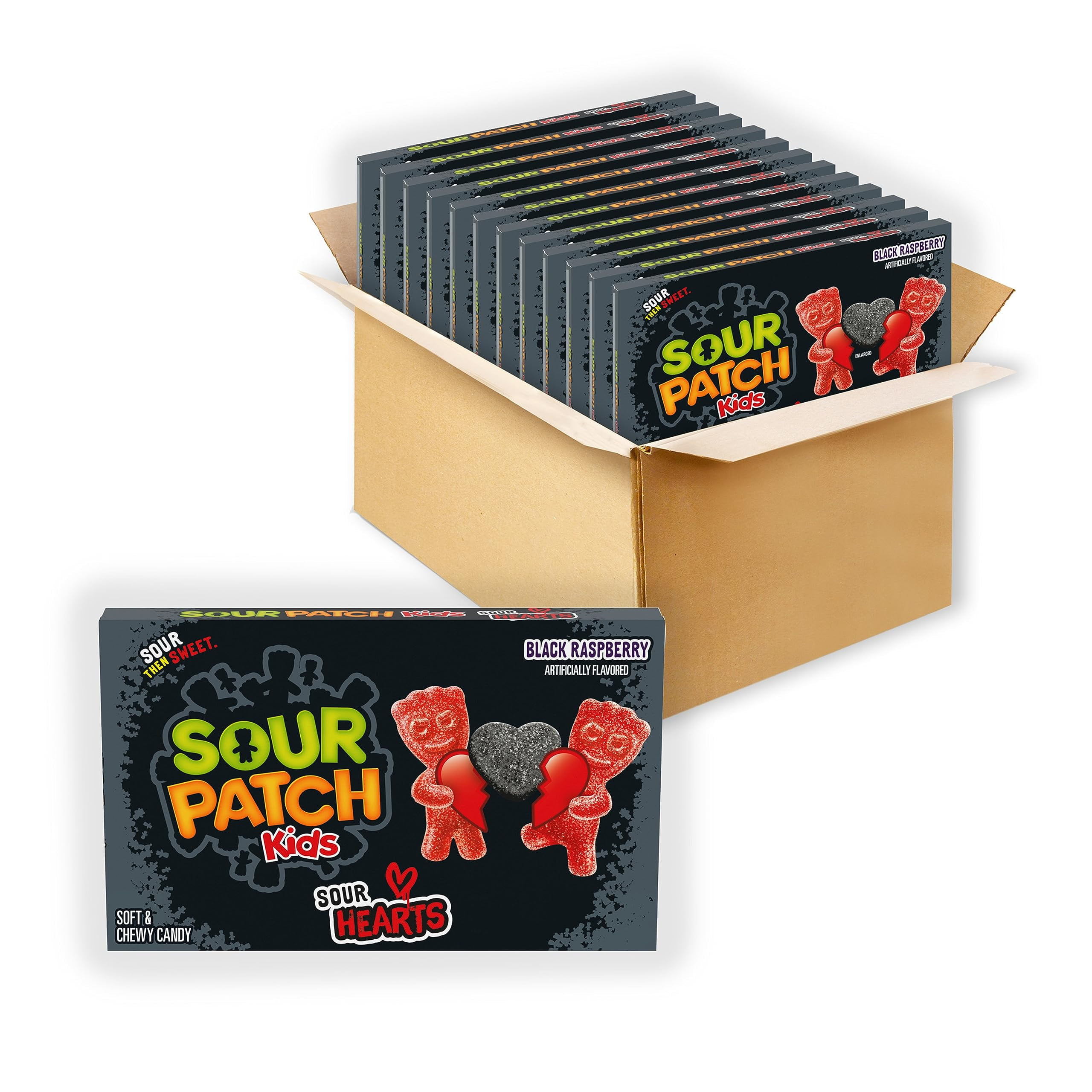 Sour Patch Kids Sour Hearts Black Raspberry Soft & Chewy Candy, Valentines Day Candy, 12 - 3.08 Oz Boxes