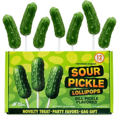 Sour Pickle Lollipops, Tangy Dill Hard Candy Pops, Individually Wrapped, 12 Count, 14.2oz
