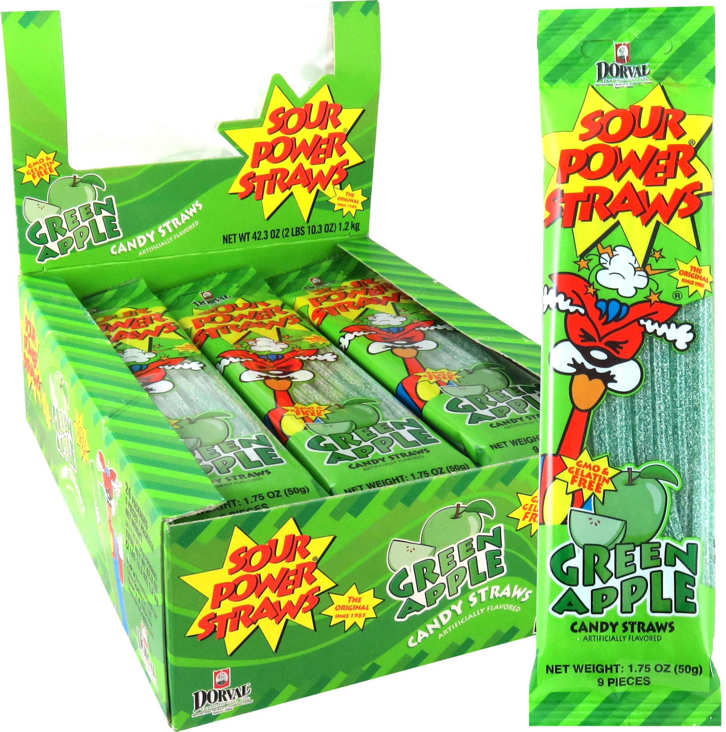 Sour Power, Candy Straws 1.75 (Pack Of 24), Green Apple, 42 Ounce