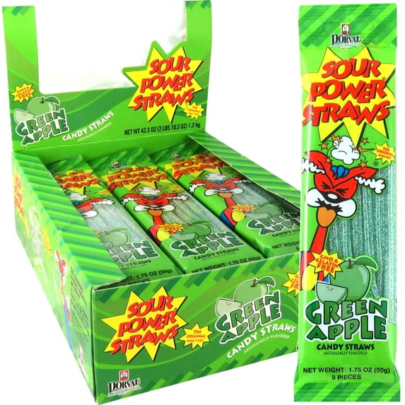 Sour Power, Candy Straws 1.75 (Pack Of 24), Green Apple, 42 Ounce