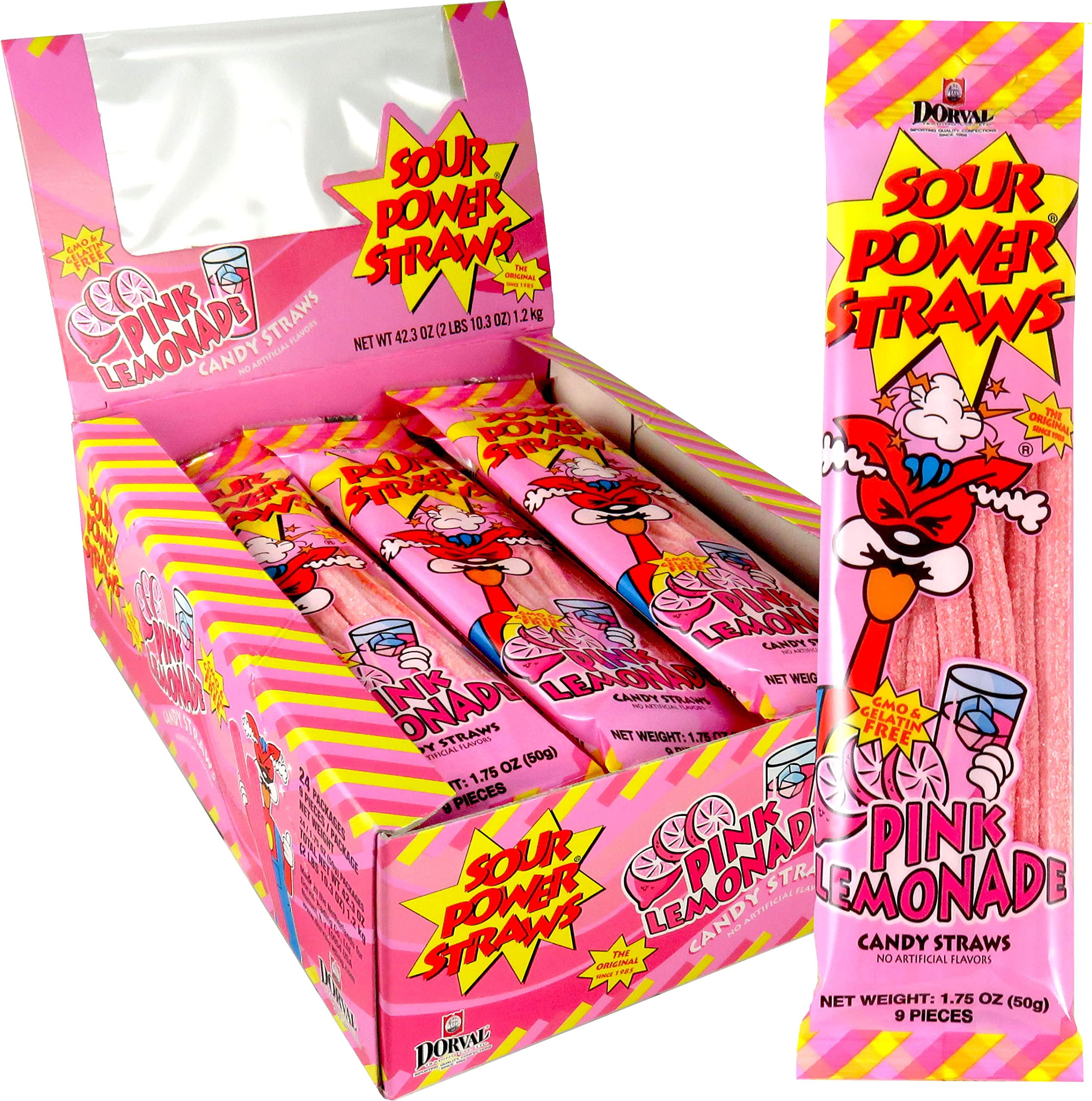 Sour Power Candy Straws, Pink Lemonade Straws, 1.75 Ounce 24 Count