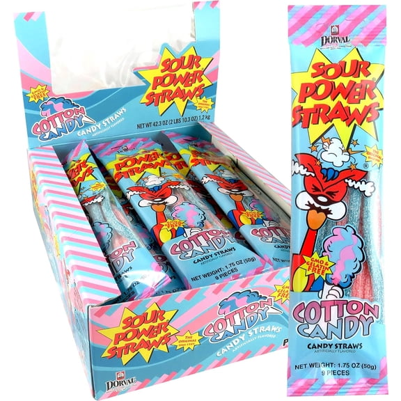 Sour Power Cotton Candy Candy Straws, 24 Pack Sour Candy, 1.75 oz Each