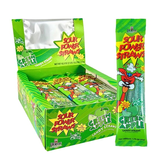 Sour Power Green Apple Candy Straws, Extreme Sour Candy, 24 Pack, 1.75 oz Each
