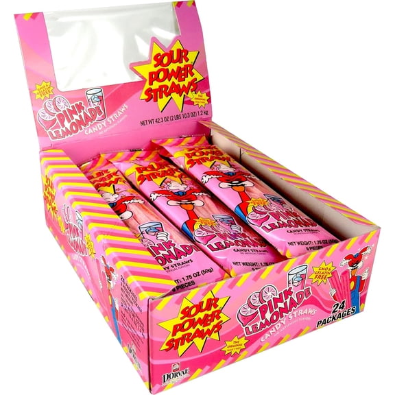Sour Power Pink Lemonade Candy Straws, 24 Pack Sour Candy, 1.75 oz Each