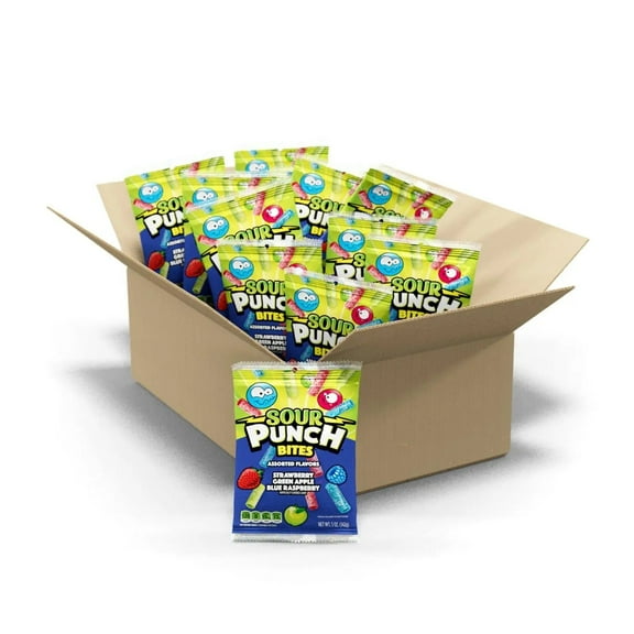 Sour Punch Bites Assorted Flavors Strawberry, Green Apple & Blue Raspberry, 5 oz Bag (12 Count Case)