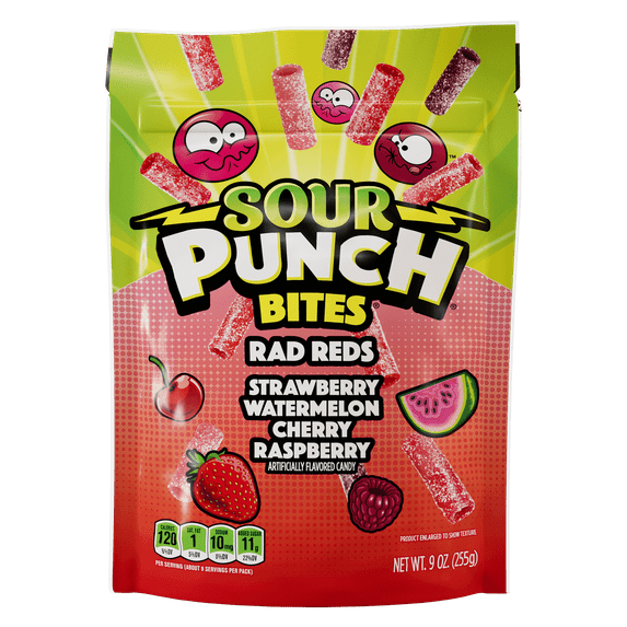Sour Punch Bites, Rad Reds Chewy Fruity Candy, Resealable 9oz