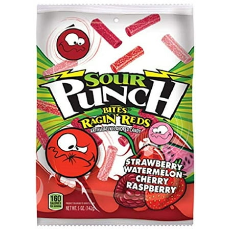 Sour Punch Bites, Rad Reds Watermelon, Strawberry, Cherry & Raspberry Chewy Candy, 5Oz Bag (Pack Of 12) (Packaging May Vary)