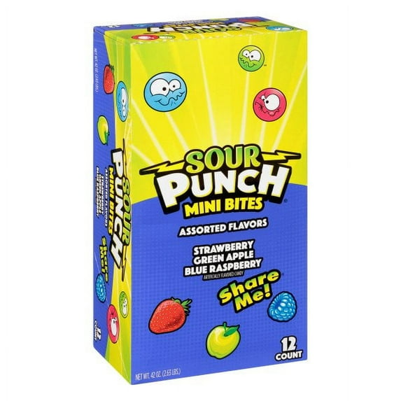 Sour Punch Mini Bites Strawberry Apple Blue Raspberry Flavored Sour Chewy Candy 3 5oz Bag 12 Count