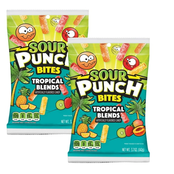 Sour Punch Bites Tropical Blends 3.7oz Bag Assorted Fruit Flavor Tart Tangy Soft Candy with Sugar Coated for Kids Adults Snacks Lunchbox Movie Nights Travel Office Summer Fun Sweet Treats Pack of 2