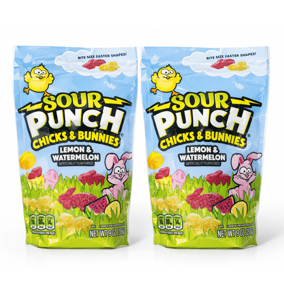 Sour Punch Chicks & Bunnies Bite-Size Candy, Lemon & Watermelon, 9 oz Bags, 2 Pack
