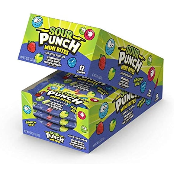 Sour Punch Mini Bites Strawberry Apple Blue Raspberry Flavored Sour Chewy Candy 3.5Oz Bag (12 Count)