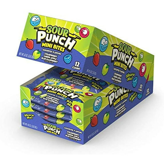 Sour Punch Mini Bites Strawberry Apple Blue Raspberry Flavored Sour Chewy Candy 3.5Oz Bag (12 Count)