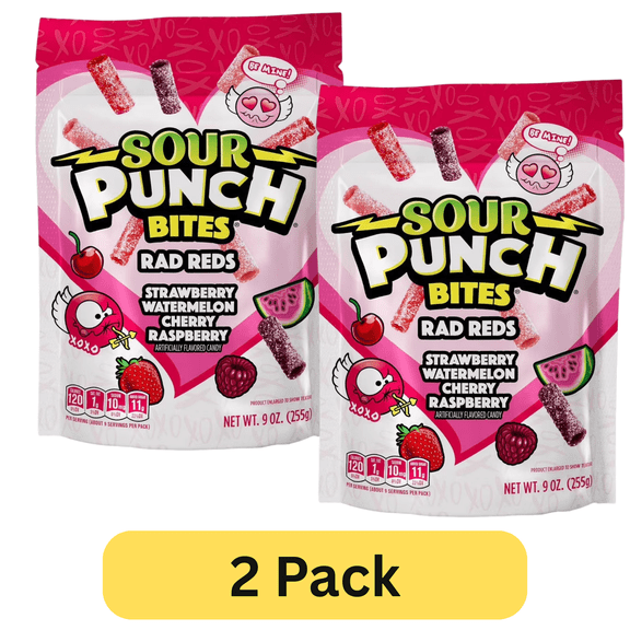 Sour Punch Rad Reds Bites Valentine's Day Candy, 9 oz, Pack of 2