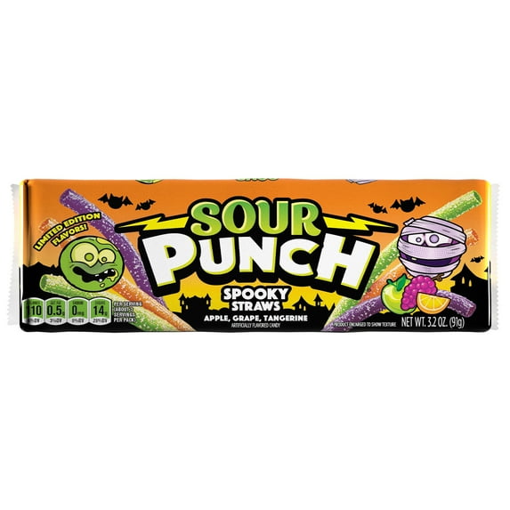 Sour Punch Spooky Straws Chewy Halloween Candy, 3.2oz Tray