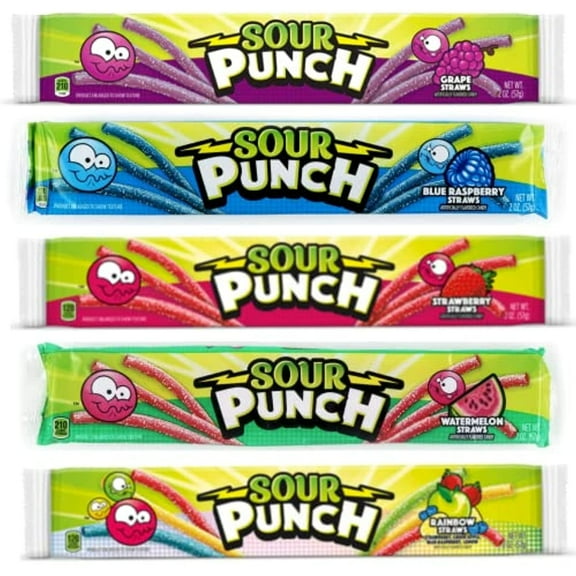 Sour Punch Straws Bundle Gift Assortment  Grape, Blue Raspberry, Strawberry, Watermelon, And Rainbow (1 - 2 Ounce Pack Each, 5 Packs Total)