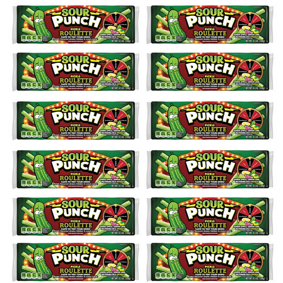 Sour Punch Straws Pickle Roulette | 4.5oz Pack of 12 | Fun Candy | Party Game | Pickle flavor in every bag | KOSHER | GLUTEN FREE