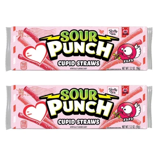 Sour Punch Valentines Cupid Straws Sour Candy Tray, 3.2 oz, 2 Pack