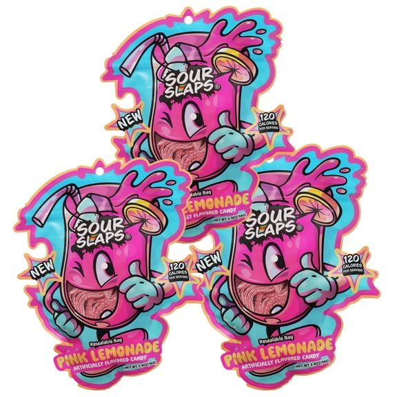 Sour Slaps 3-Pack Flavored Sour Candy Belts - Deliciously Sour, Fresh & Chewy, Extreme Sour Kick, Vegetarian, Choose From 8 Mouth Watering Flavors (Pink Lemonade 3-Pack)