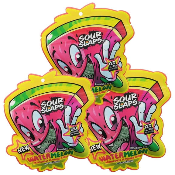 Sour Slaps 3-Pack Flavored Sour Candy Belts - Deliciously Sour, Fresh & Chewy, Extreme Sour Kick, Vegetarian, Choose From 8 Mouth Watering Flavors (Watermelon 3-Pack)