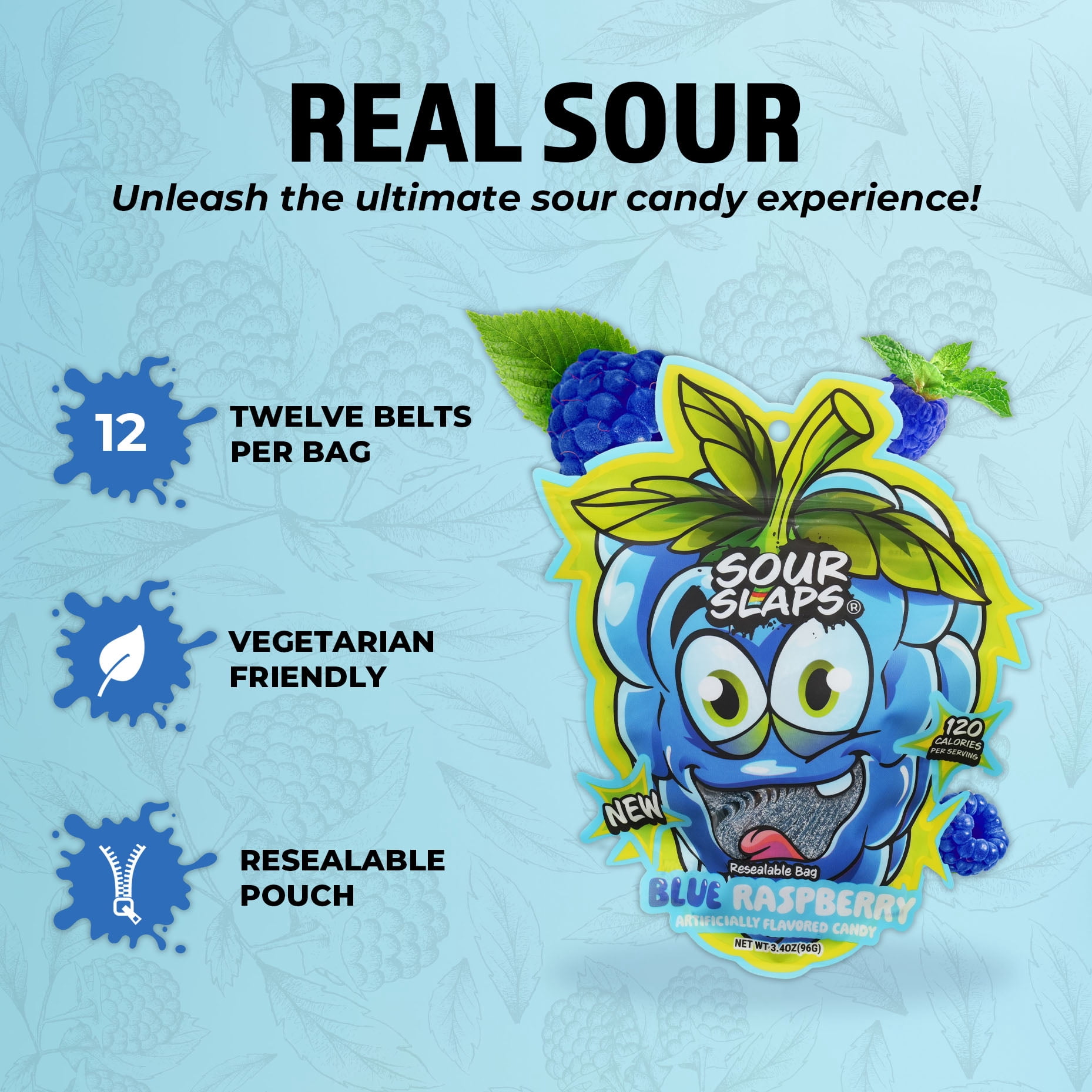 Sour Slaps 9-Pack Flavored Sour Candy Belts - Deliciously Sour, Fresh & Chewy, Extreme Sour Kick, Vegetarian, 9 Mouth Watering Flavors Sweet Snack Fruit Candies Tangy Bonbon