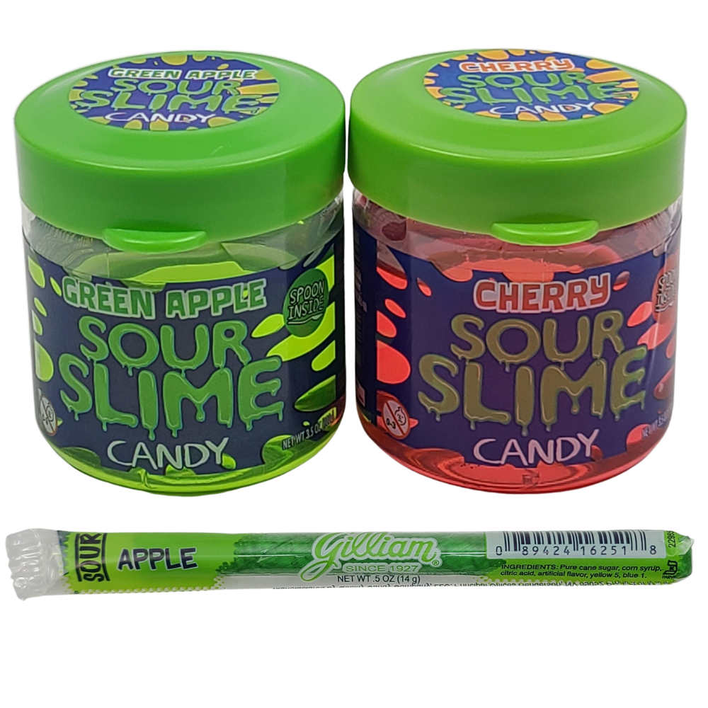 Sour Slime Candy and Gilliam Sour Apple Hard Candy Stick