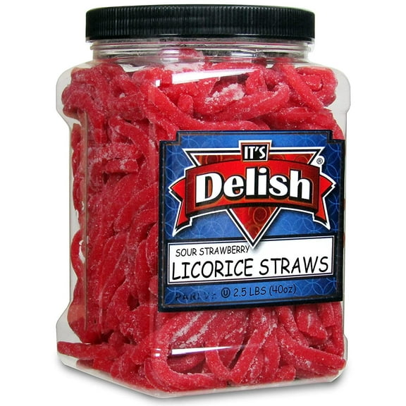 Sour Strawberry Licorice Straws by Its Delish, 2.5 LBS 40 Oz Jumbo Container Jar Original Style Chewy Sour Strawberry Candy Twists Great Gifts Party Sweets Made in USA, Vegan, Kosher