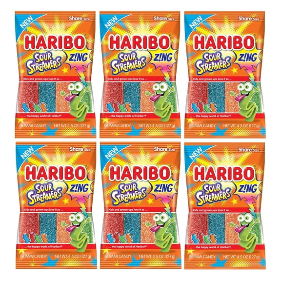 Sour Streamers Pack 6 (4.5oz Bags) Sour Cherry, Sour Blue Raspberry, Sour Orange, Sour Flavors in a Bulk Bag