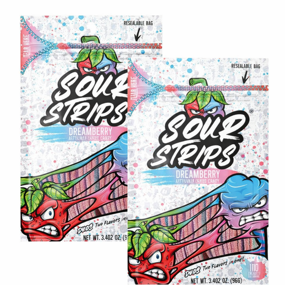 Sour Strips Dreamberry Sour Candy, 3.4 oz (96g), Pack of 2, Sweet & Sour Chewy Strips, Resealable Bag