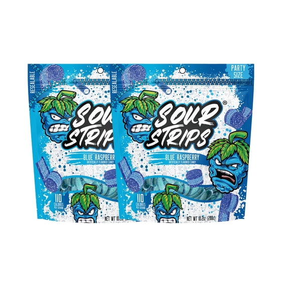 Sour Strips Sour Candy BCF26 Belts, Blue Raspberry Resealable Candy Bags, 10.2 Ounce (Pack of 2)