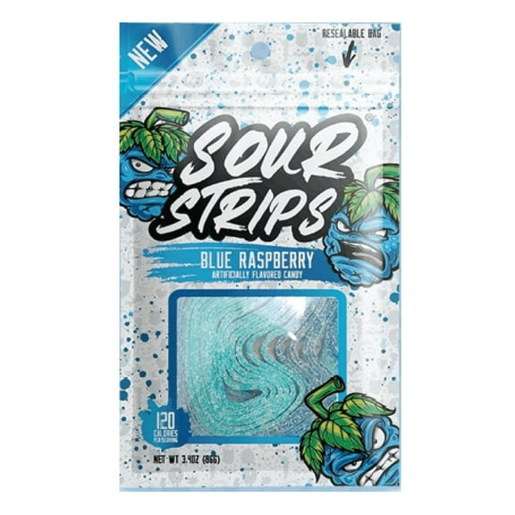 Sour Strips New Blue Raspberry Flavor Sour Candy | 3.4oz | 3 Bags