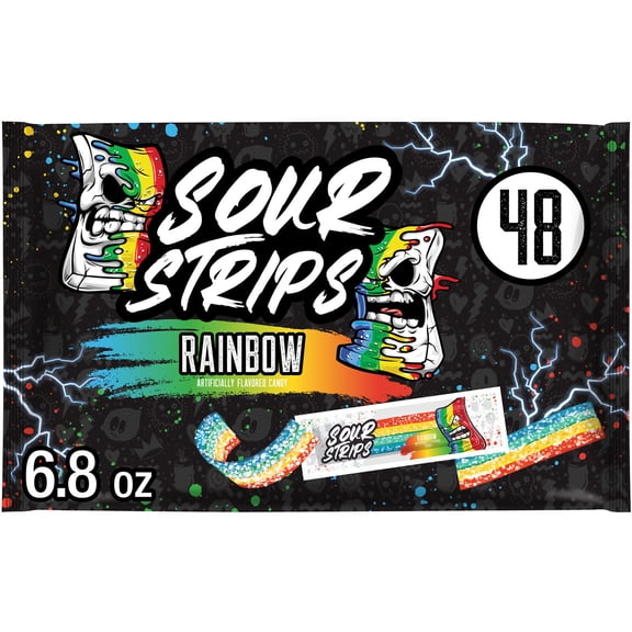 Sour Strips Rainbow Flavored Chewy, Halloween Candy Bag, 6.8 oz (48 Pieces)