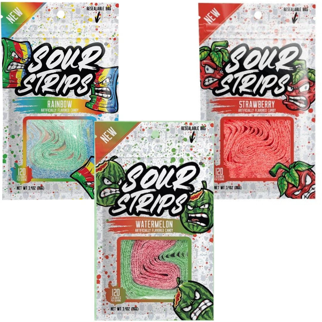 Sour Strips Sour Candy 3.4 oz 3 pack (Watermelon, Rainbow, Strawberry ...
