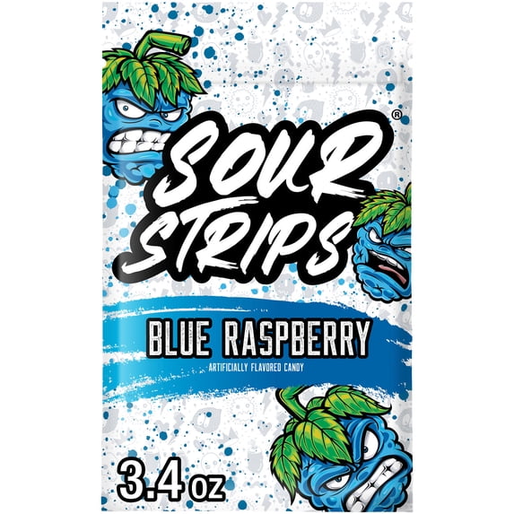 Sour Strips Blue Raspberry Flavored Chewy, Sour Candy Bag, 3.4 oz