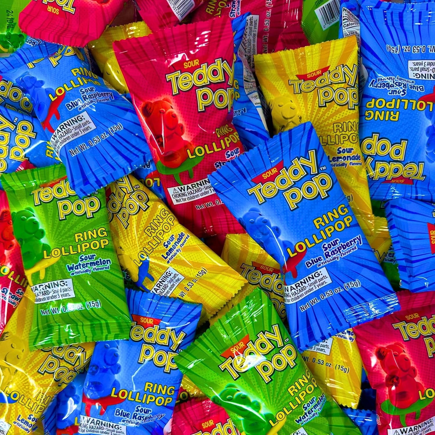 Sour Teddy Pop Rings – 30 Count Assorted Lollipops | Nut-Free, Gluten-Free, Kosher | Perfect for Kids' Parties & Goody Bags | Delicious Flavors: Sour Lemonade, Blue Raspberry, Strawberry, Watermelon.