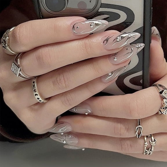 Source Factory Silver Flame Wear Nail Nail Patch European and American Rivet Nail Patch Fake Nail Cross-border Nail Patch