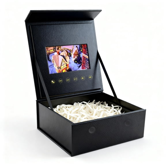 Sourcingbay 5" Video Gift Box - Auto-Play 1080P HD IPS Screen, 4GB, Type-C, 800mAh, Black Faux Leather Specialty Paper, for Wedding Birthday