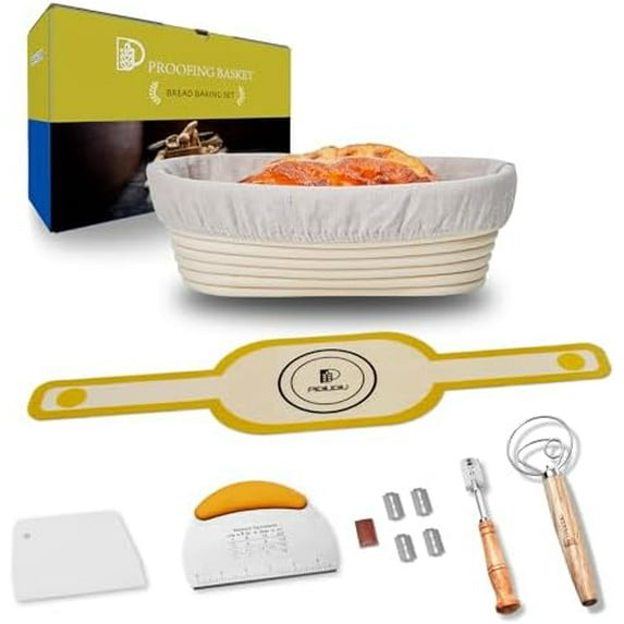 Sourdough Baking Supplies Set of 5, Oval 10 Inch Banneton Bread Proofing Basket with Bread Lame, Danish Dough Whisk with Stainless Steel, Dough Scraper Kit, Bowl Scraper – Baking Gift Kit
