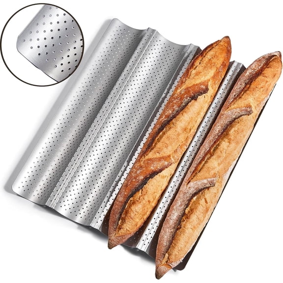 Sourdough Bread Baking Supplies - 4-Well Non-Stick Baguette Bread Pan - Perforated French Bread Baking Pan - Round Edge & Eesy Clean Coating - 15" x 13", Silver