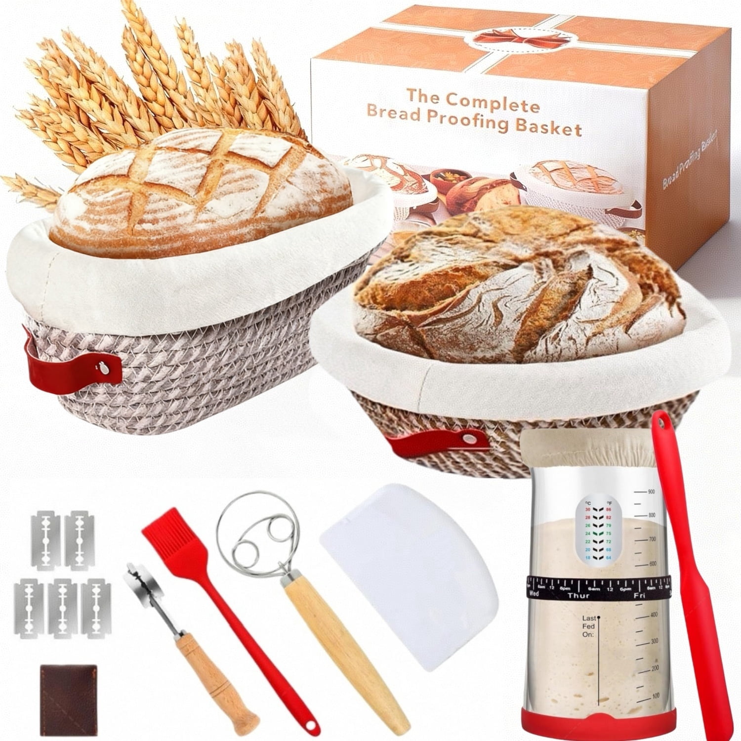 Sourdough Starter Kit Bread Making Kit, Bread Baking Supplies Bread Proofing Basket Set, 9" Round & 10" Oval, Sourdough 