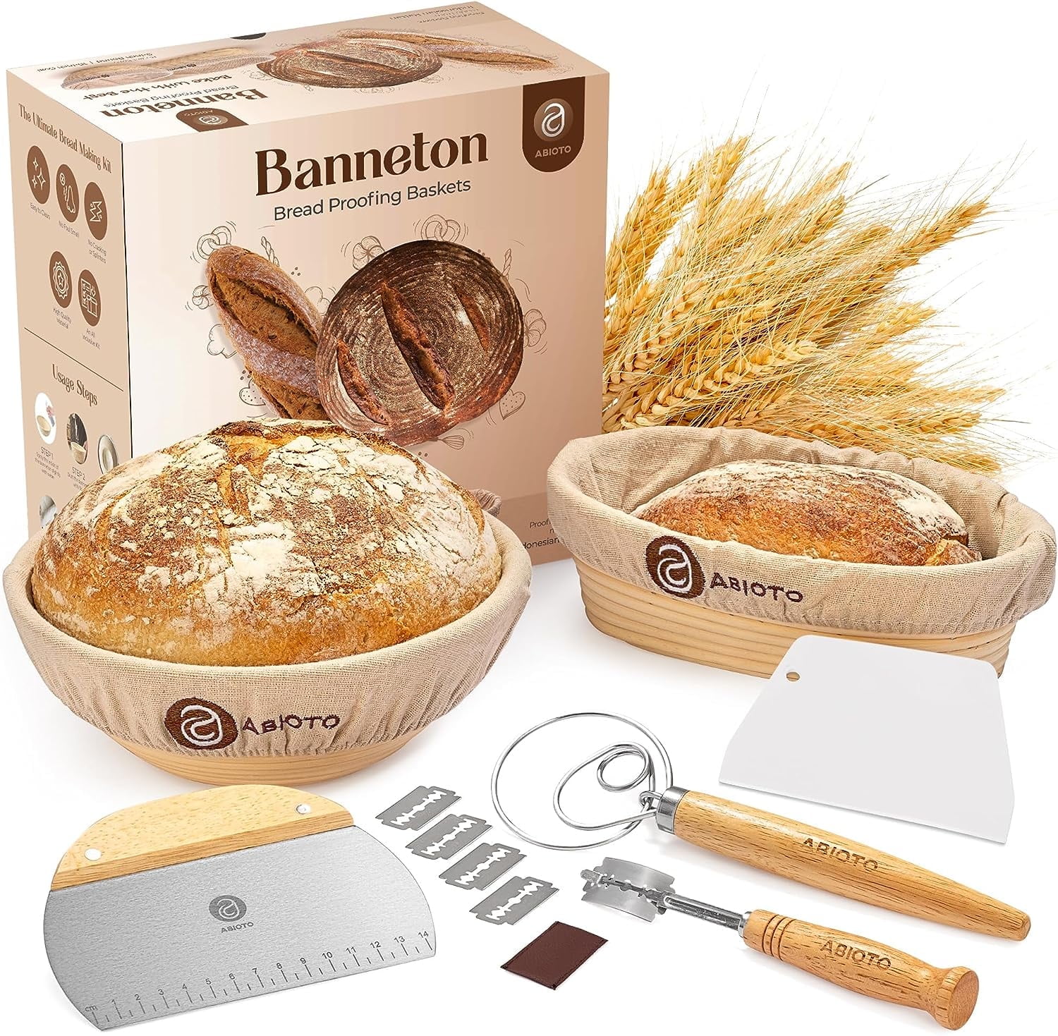 Beige Rattan and Stainless Steel Bread Proofing Kit