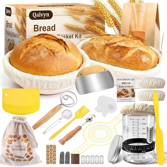 Sourdough Bread Baking Supplies, Sourdough Starter Kit with 9" Round & 10" Oval Proofing Basket, Complete Bread Making Tools Set, Sour Dough Baking Gifts for Women Wife Mom Bakers