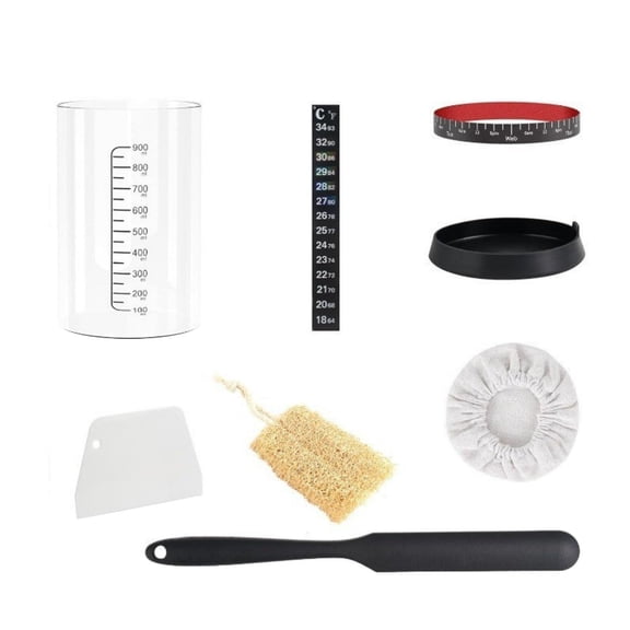 Sourdough Bread Fermentation Tank Set Jar Kit, 32oz Sourdough Starter Container Wide Mouth Glass Sourdough Fermentation Jar with Silicone Lid&Spatula&Thermometer Strip, set of 1(Black,3.7x3.7x6.5")