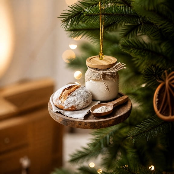 Sourdough Bread Round Loaf with Flour Jar, 2D Resin Christmas Tree Hanging Ornament, Bakery Kitchen Theme, Gold Hanging String, 1 Count
