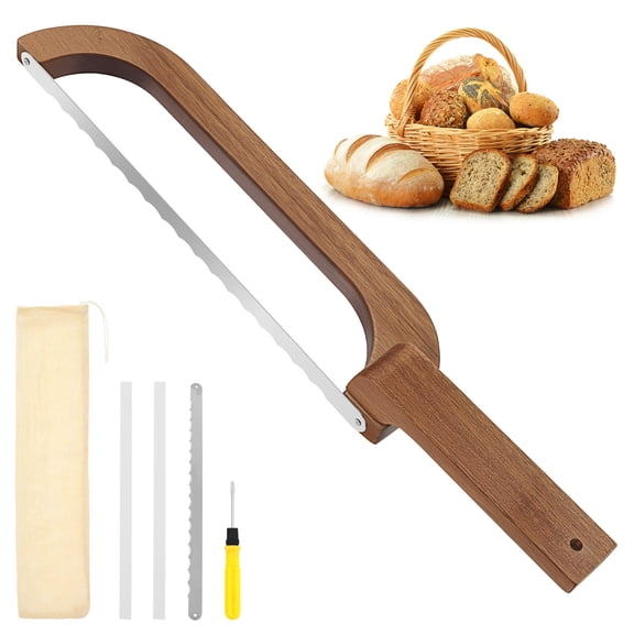 Sourdough Bread Slicer Wooden Bread Bow Knife with Stainless Steel Serrated Blades Bread Knife for Baker Homemade Bagels Kitchen