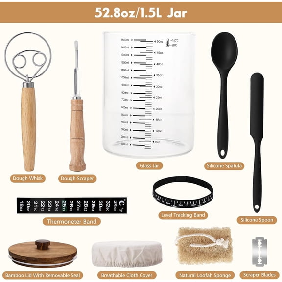 Sourdough Bread Starter Kit - 50oz/1500ML Large Capacity Jar With Whisk, Scraper, Spoons for Bread Making - Wide Mouth Canning Glass Jar - Baking Supplies$$Home Decor, Kitchen, & Other