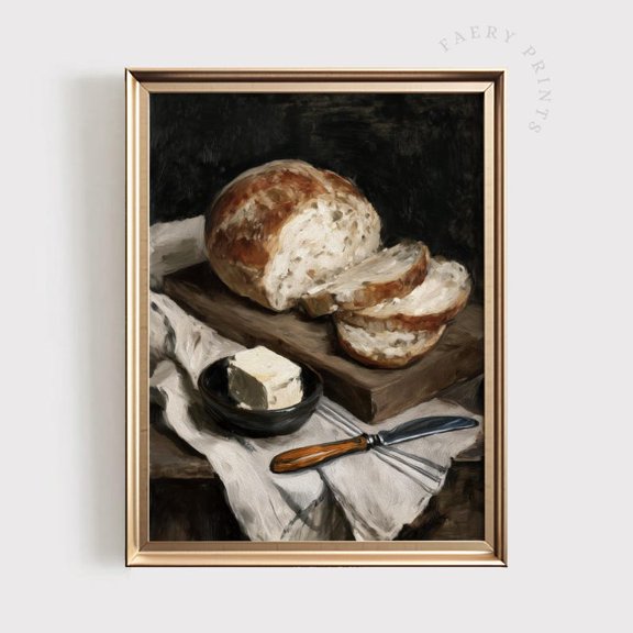 Sourdough Bread Still Life Art Print: Moody Kitchen, Farmhouse Decor Size 24x36 Unframed Poster