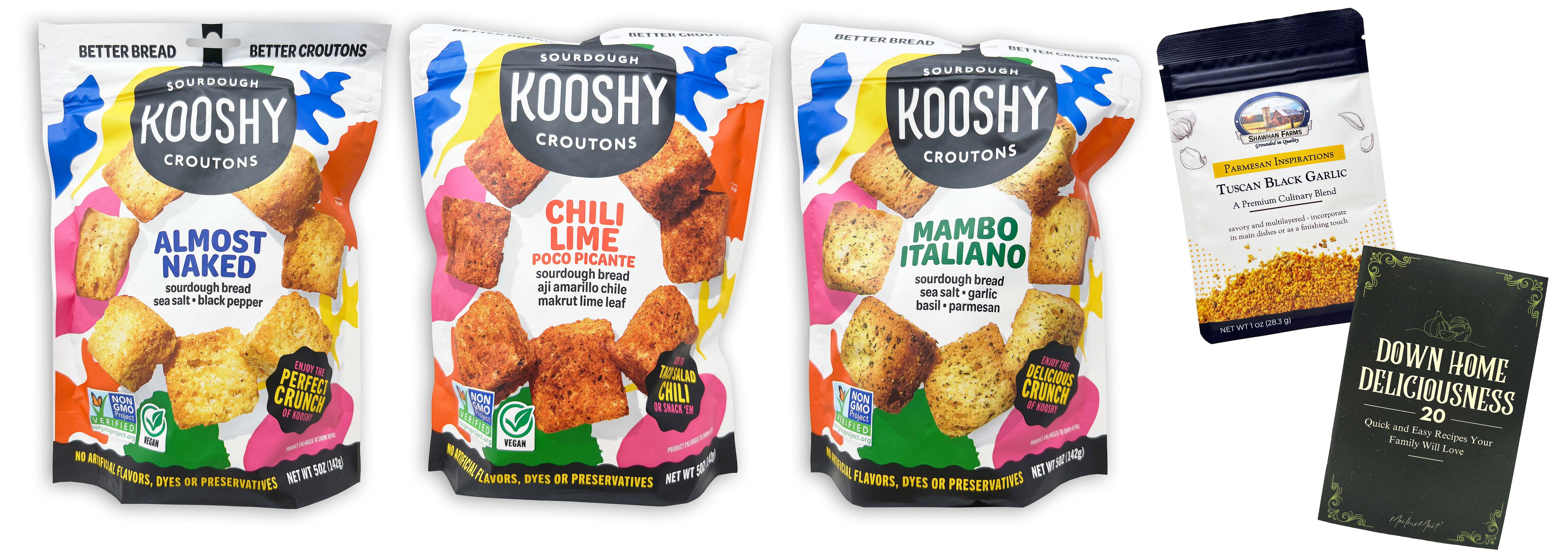 Sourdough Kooshy Croutons - 3 Flavors; 1 Each: Almost Naked, Chili Lime Poco Picante, Mambo Italiano + Shawhan Farms Tuscan Black Garlic Sampler & MerlinsMartZine