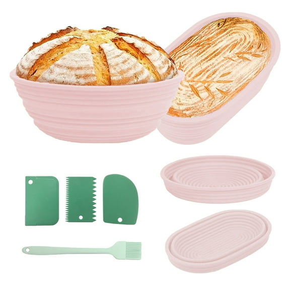 Dongyi Sourdough Proofing Baskets Set of 2- 9"Round & 10"Silicone Banneton w/Essential Tools,Nonstick&Dishwasher Safe Bread Making Supplies(Pink)