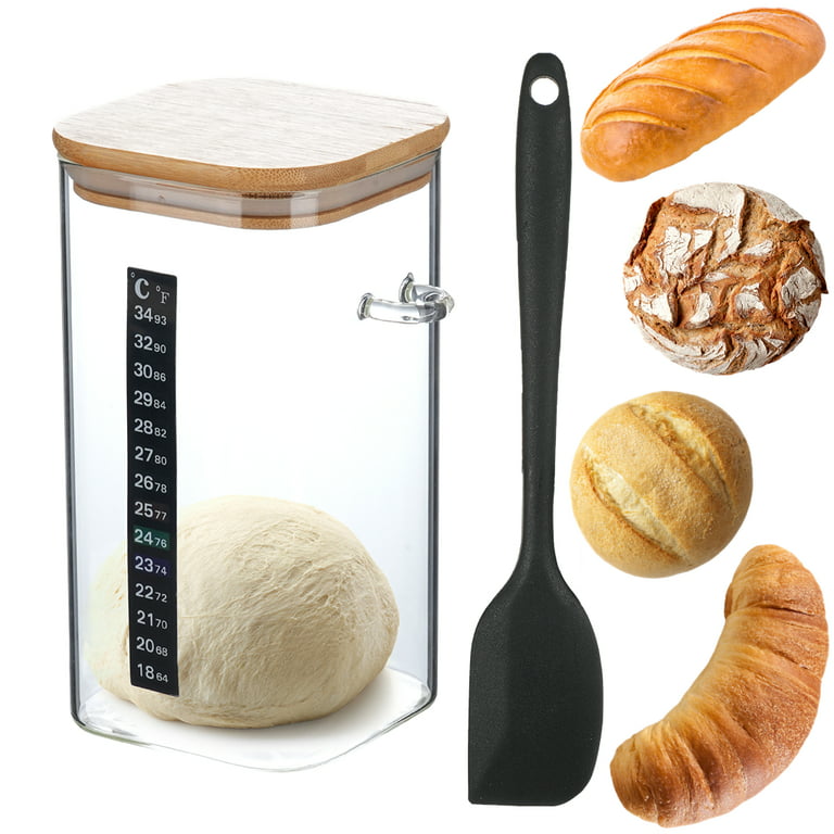 Sourdough Starter Jar Kit, 1500ML Glass Fermentation Tank with Wood lid,  Wood Spoon, Silicone Spatula & Thermometer, Reusable Sourdough Jar for Home  Baking, Food Storage Canister 